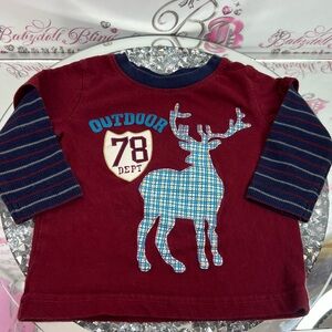 George Kids outdoor moose 🫎 cottage plaid stripes Maroon Deer Long Sleeve Tee